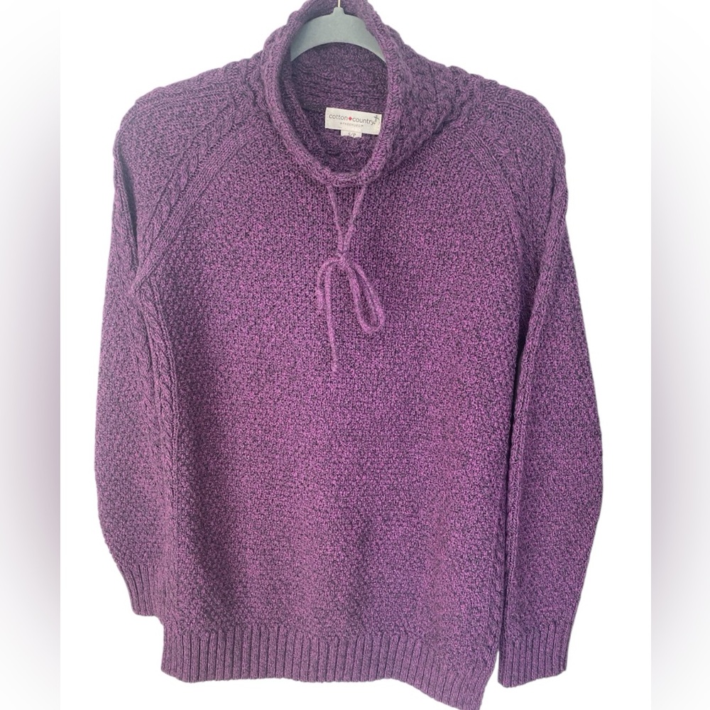 Funnel Neck Cable Knit Sweater Purple Ribbed , Cotton Country, Parkhurst size S